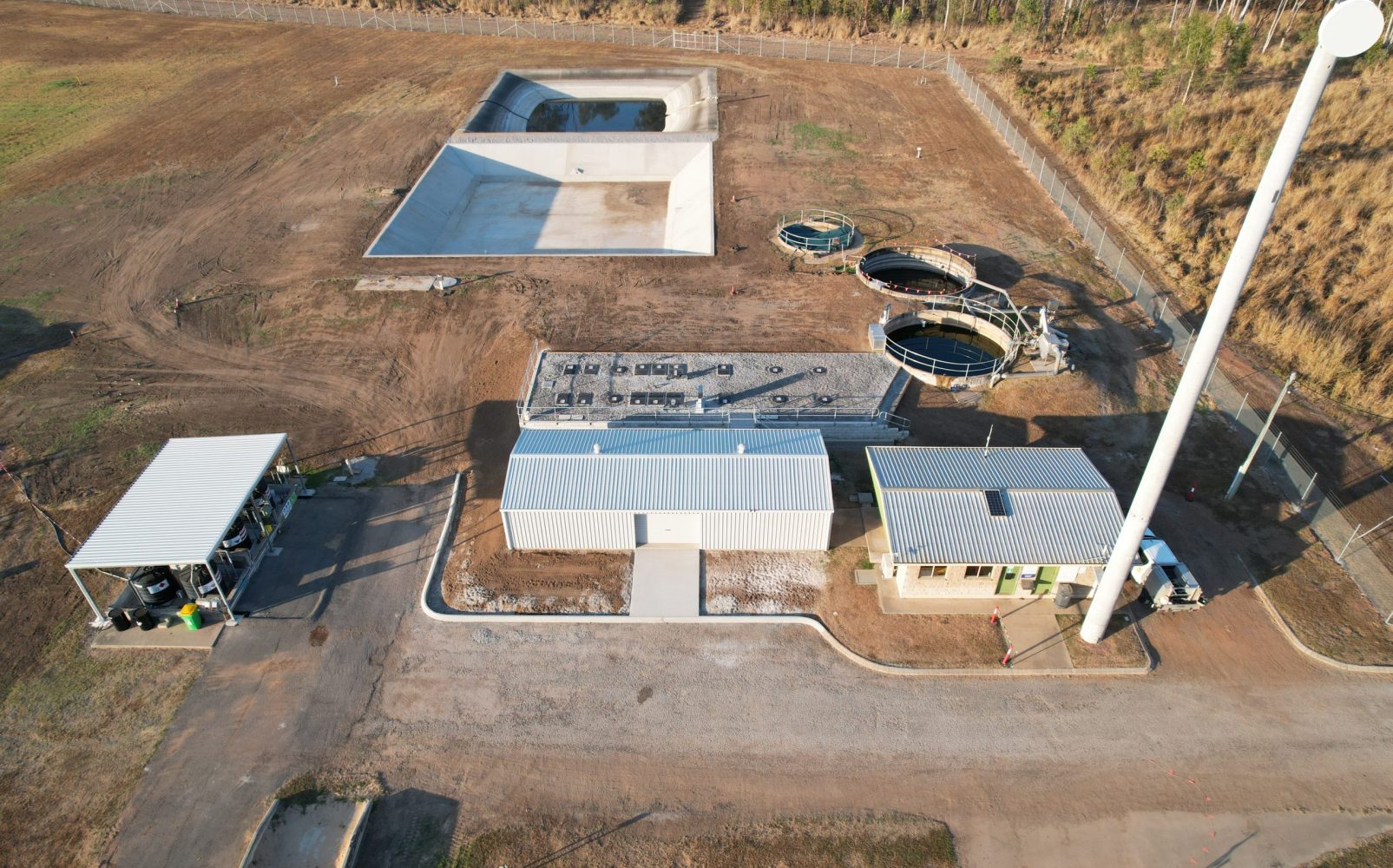 Aerial view of Yarwun Wastewater Treatment Plant include Kubota membrane sewage treatment chambers installed underground